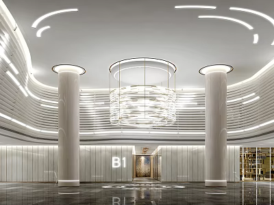 Elegant Modern Hotel Lobby Interior With Chandelier White Columns And Ceiling Lighting 3d model