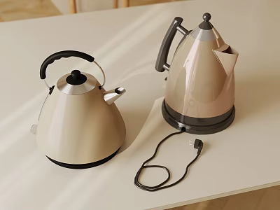 Two Stylish Cream Colored Electric Kettles With Modern Design On Kitchen Counter 3d model