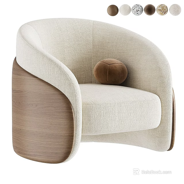 Beige Fabric Single Sofa With Light Wood Armrest And Brown Round Cushion 3d model 