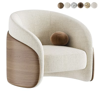Beige Fabric Single Sofa With Light Wood Armrest And Brown Round Cushion 3d model