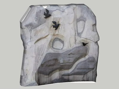 Carved Stone Wood Sculpture With Black Birds And Textured Holes 3d model