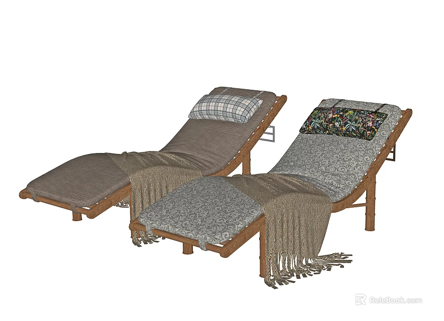 Stylish Lounge Chairs Featuring Wooden Frame Plaid And Patterned Cushions With Tassels 3d model 