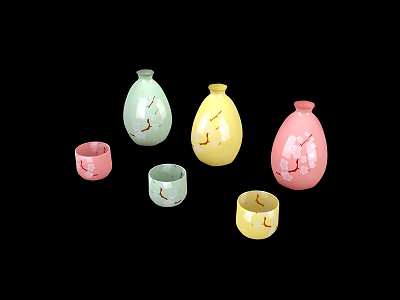 Colorful Decorative Wine Bottles and Cups with Cherry Blossom Patterns on Black Background 3d model
