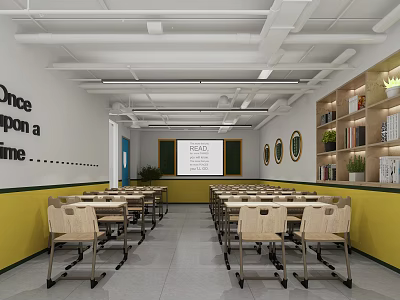 School Classroom Interior With Desks Chairs Projection Screen Blackboards And Bookshelves 3d model