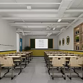 School Classroom Interior With Desks Chairs Projection Screen Blackboards And Bookshelves