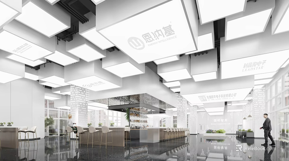 Modern Bright Corporate Reception Front Desk Space With Creative Geometric Ceiling Lighting Design 3d model 