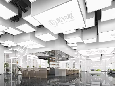 Modern Bright Corporate Reception Front Desk Space With Creative Geometric Ceiling Lighting Design 3d model