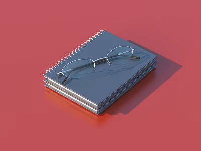 Essential Daily Supplies With Spiral Notebook And Eyeglasses On Red Background 3d model