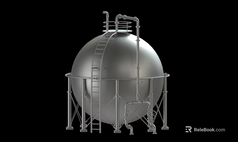 Silver Metal Industrial Spherical Storage Tank With Ladder Pipes And Support Frame 3d model 