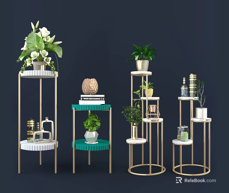 Stylish Garden Decor Featuring Multi Tiered Golden Plant Stands With Green Plants And Decorative Accents 3d model 
