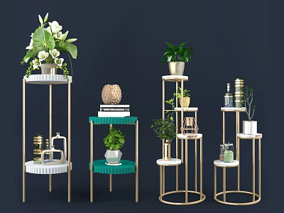Stylish Garden Decor Featuring Multi Tiered Golden Plant Stands With Green Plants And Decorative Accents 3d model