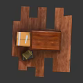 Red Wooden Bookcase With Glass Door Decorative Drawer And Stacked Books On Wooden Base