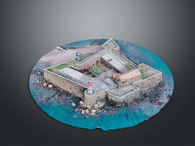 Miniature Fortress Model Featuring Circular Base Stone Structure Blue Water Lighthouse And Rocky Shore 3d model