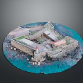 Miniature Fortress Model Featuring Circular Base Stone Structure Blue Water Lighthouse And Rocky Shore
