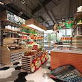 Supermarket Grocery Interior With Shelves Counter Display Various Beverages And Packaged Goods