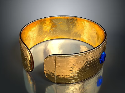 Golden Textured Bracelet With Blue Gemstone Decoration For Fashion Accessory 3d model