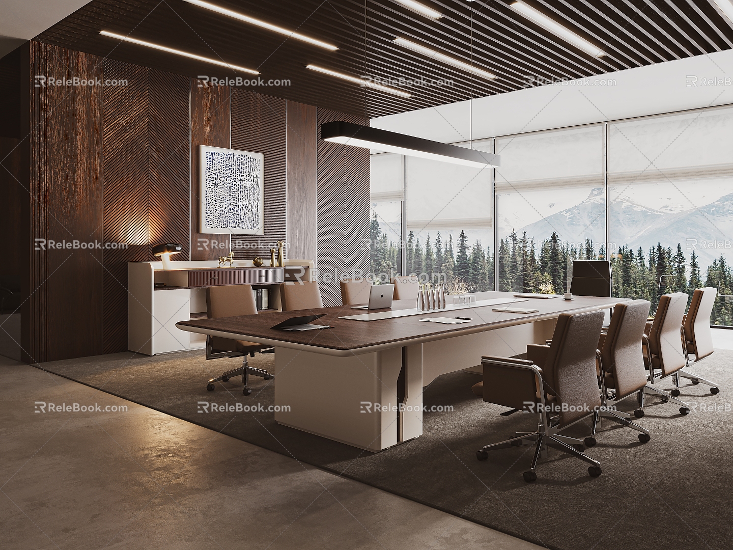 Modern Office Meeting Room Large Meeting Room Open Meeting Room Meeting Table and Chair Combination Desk Office Chair Filing Cabinet Chandelier Office Jewelry Ornaments 3d model