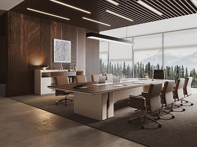 Modern Conference Room Interior With Large Table Ergonomic Chairs Wooden Wall And Mountain View Windows 3d model