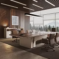Modern Conference Room Interior With Large Table Ergonomic Chairs Wooden Wall And Mountain View Windows