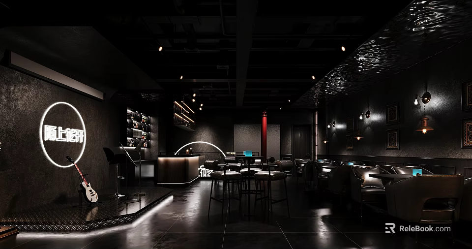 Modern Dark Bar Interior With Bar Counter Seating Lighting And Guitar Decor 3d model 