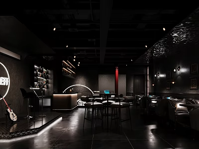 Modern Dark Bar Interior With Bar Counter Seating Lighting And Guitar Decor 3d model