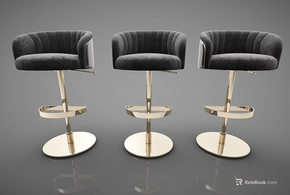 Modern Black Upholstered Bar Stools With Golden Metal Frame And Round Base 3d model 