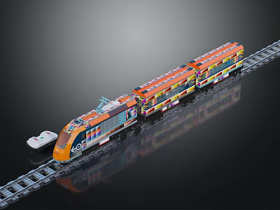 Colorful Model Train With Orange Front Multiple Carriages And Detailed Patterns On Railway Track 3d model