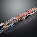 Colorful Model Train With Orange Front Multiple Carriages And Detailed Patterns On Railway Track