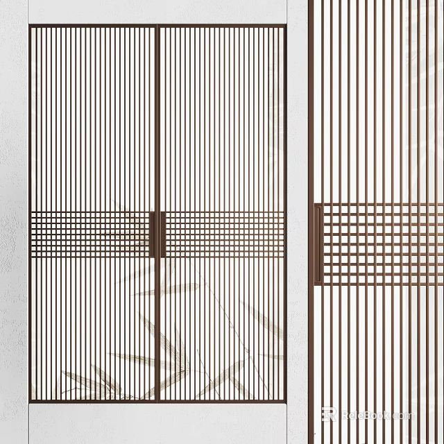 Wooden Room Divider with Vertical Slats and Grid Pattern in Modern Interior Design 3d model