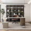 Modern Home Office Interior With Built in Bookshelves Ergonomic Chair Writing Desk And Area Rug