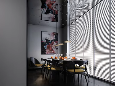 Elegant Modern Private Dining Room With Dining Table Chairs Artworks And Window Blinds 3d model