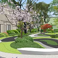 Tranquil Garden Landscape With Cherry Blossom Tree Gravel Ground And Wooden Screens