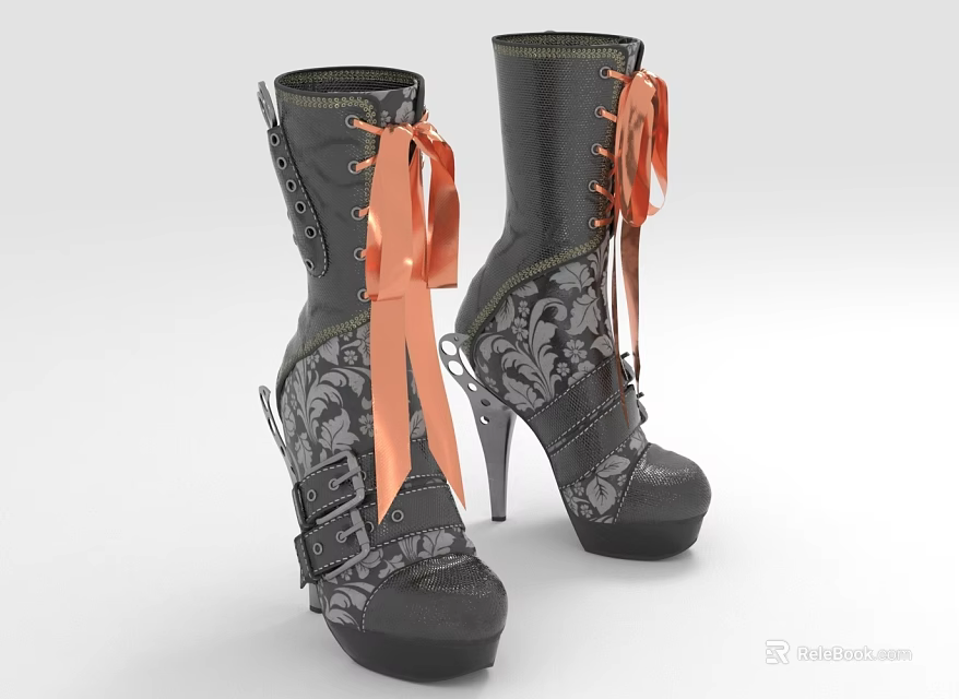 Black High Heeled Boots With Orange Ribbons Lace Patterns Platform Soles And Stiletto Heels 3d model 