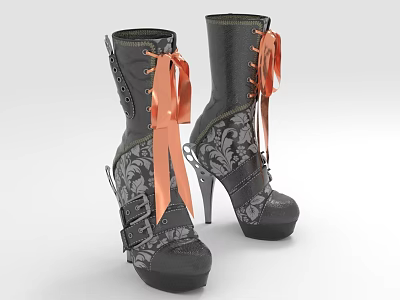 Black High Heeled Boots With Orange Ribbons Lace Patterns Platform Soles And Stiletto Heels 3d model