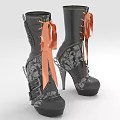 Black High Heeled Boots With Orange Ribbons Lace Patterns Platform Soles And Stiletto Heels