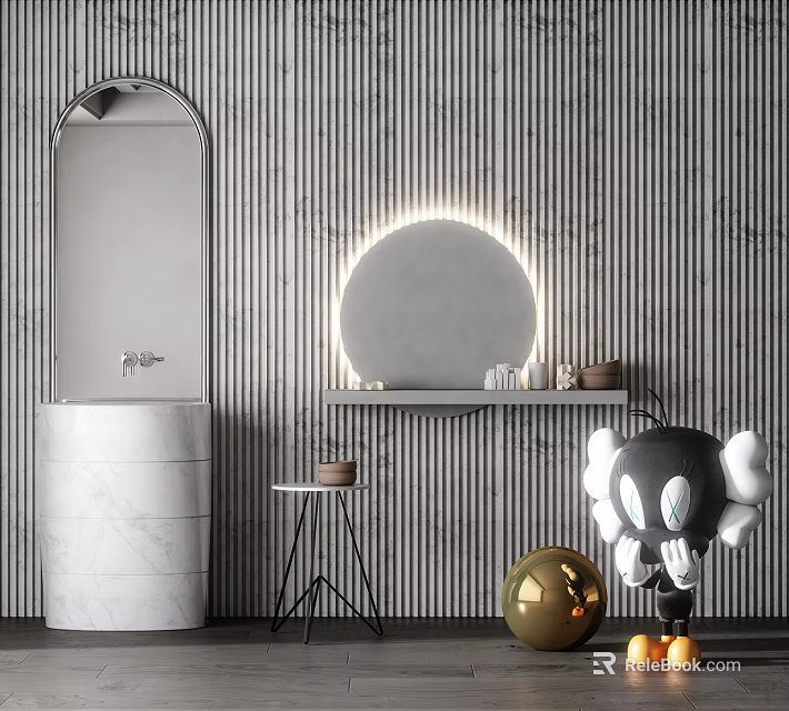 Marble Washbasin With Arched Lighted Mirror Gray Striped Wall And Shelf With Decorative Items 3d model 