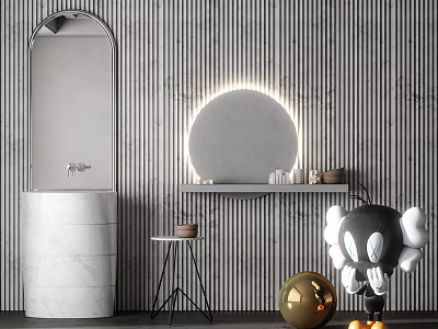 Marble Washbasin With Arched Lighted Mirror Gray Striped Wall And Shelf With Decorative Items 3d model