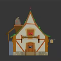 Cartoon House Scene With Green Roof Red Decorations Brown Chimney Blue Door And Stone Walls