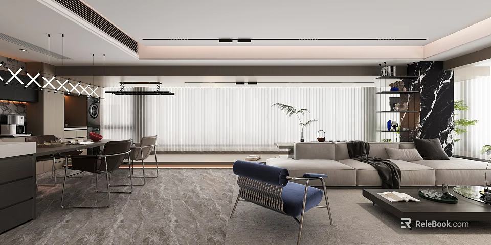 Modern Open Plan Living And Dining Room Interior With Comfortable Stylish Furniture And Soft Lighting 3d model 