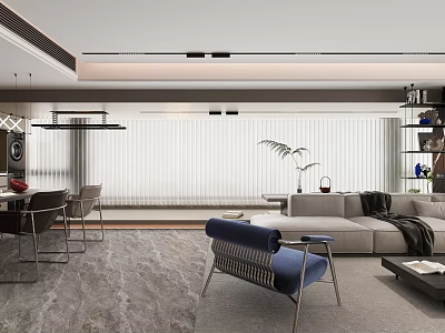 Modern Open Plan Living And Dining Room Interior With Comfortable Stylish Furniture And Soft Lighting 3d model