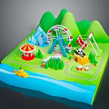 Vibrant Cartoon Scene Featuring Ferris Wheel Carousel Panda Boat Tent Trees And Green Mountains