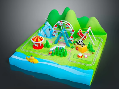 Vibrant Cartoon Scene Featuring Ferris Wheel Carousel Panda Boat Tent Trees And Green Mountains 3d model
