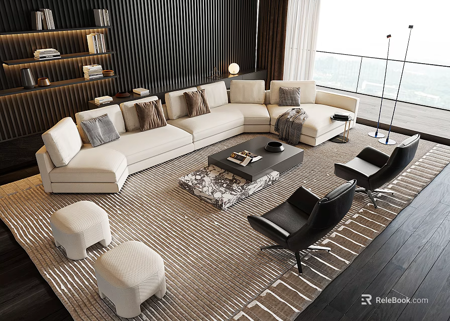 Modern Beige L Shaped Sofa And Black Coffee Table Set With Cushions Armchairs And Rug 3d model 