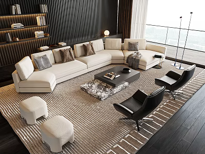 Modern Beige L Shaped Sofa And Black Coffee Table Set With Cushions Armchairs And Rug 3d model