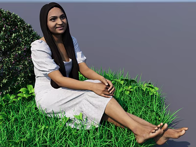 Woman In White Dress Sitting On Green Grass With Long Hair And Plants 3d model