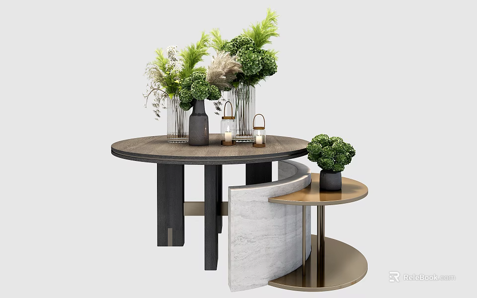 Decorative Table Setup With Round Wooden Top Green Plants And Marble Side Table 3d model 