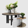 Decorative Table Setup With Round Wooden Top Green Plants And Marble Side Table 3d model