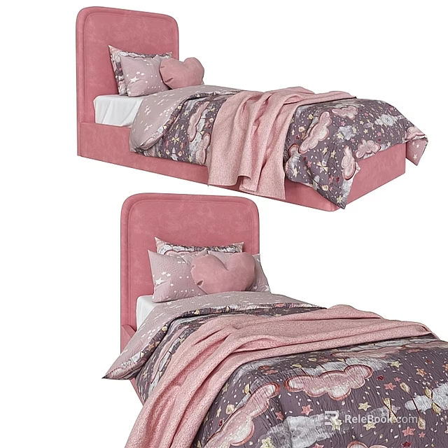 Pink Kids Bed With Butterfly Pattern Bedding Soft Pillows And Cozy Blanket 3d model 
