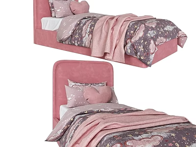 Pink Kids Bed With Butterfly Pattern Bedding Soft Pillows And Cozy Blanket 3d model
