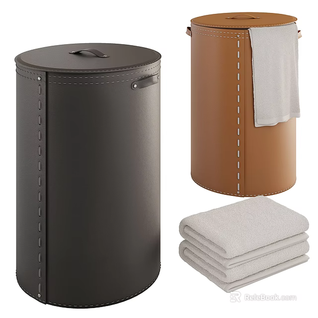 Stylish Bathroom Accessories With Hampers And Towels 3d model 